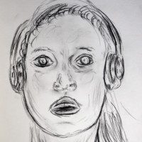 Charcoal drawing of face of jogger wearing headphones
