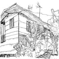 Ink drawing of a ranch style house surrounded by trees
