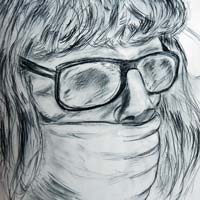Charcoal drawing of a mannequin with bandana over mouth and sunglasses