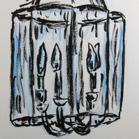 Pen and blue colored pencil drawing of a chandelier
