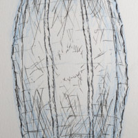 Pen and blue colored pencil drawing of a paper lamp