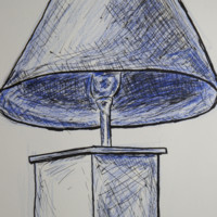 Pen and blue colored pencil drawing of a bedroom table lamp
