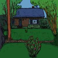Digital painting of a ranch style house surrounded by trees