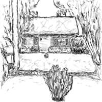 Ink drawing of a ranch style house surrounded by trees