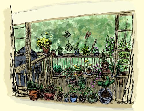 Digital painting of flowers on a deck