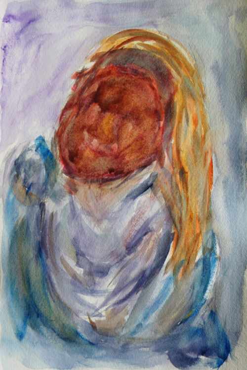 Watercolor painting of a girl with an abstract face