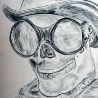 Charcoal drawing of a human skull wearing sunglasses and a bowler hat