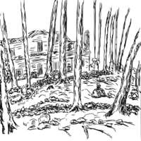 Ink drawing of a house with a yard full of rocks