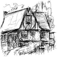 Ink drawing of a mock Tudor style house