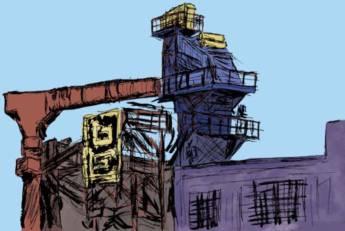 Digital painting of an asphalt factory