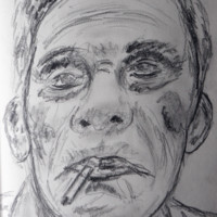 Pencil drawing of old Asian man smoking a cigarette