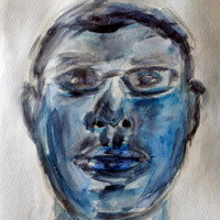 Self-portrait painted with blue watercolors
