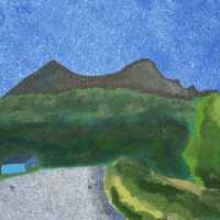 A painting of a road in front of a mountain