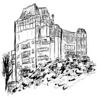 Ink drawing of a condominium building