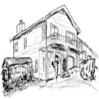 Ink drawing of a colonial style house on a hill