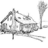 Ink drawing of a bungalow style house