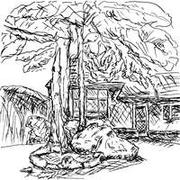 Ink drawing of a house with a stone circle in the yard