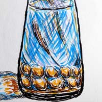 Marker drawing of a thistle stem in a glass vase with marbles