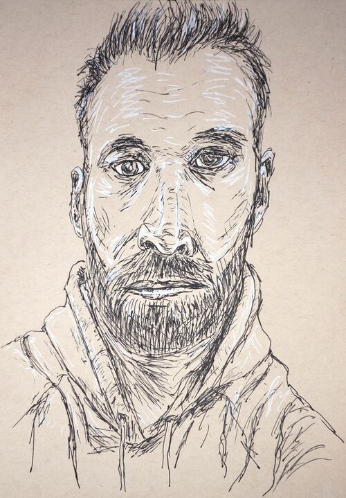 A portrait of a man on tan paper