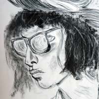 Charcoal drawing of a mannequin in hat and sunglasses