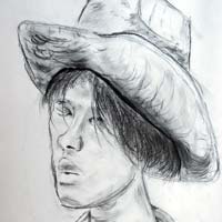 Charcoal drawing of a female mannequin in a cowboy hat