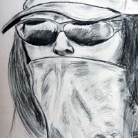 Charcoal drawing of a female mannequin with bandana over mouth and hat and sunglasses