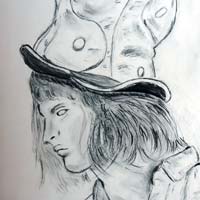 Charcoal drawing of a male mannequin in a top hat