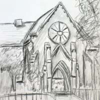 Pencil sketch of the Limelight church building