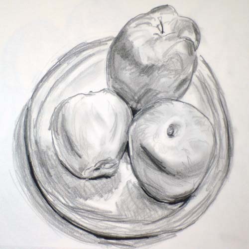 Pencil drawing of three apples on a plate