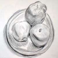 Pencil drawing of three apples on a plate