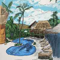 A painting of a tropical resort